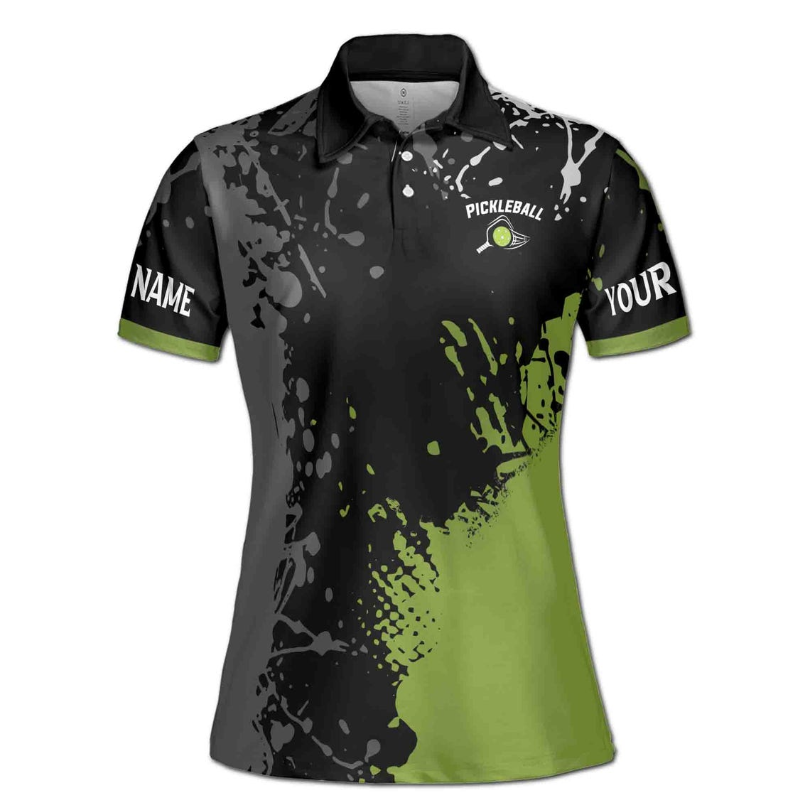 Personalized Name Team Lime Black Spatter Pickleball Women's Polo Shirt (S-5XL)