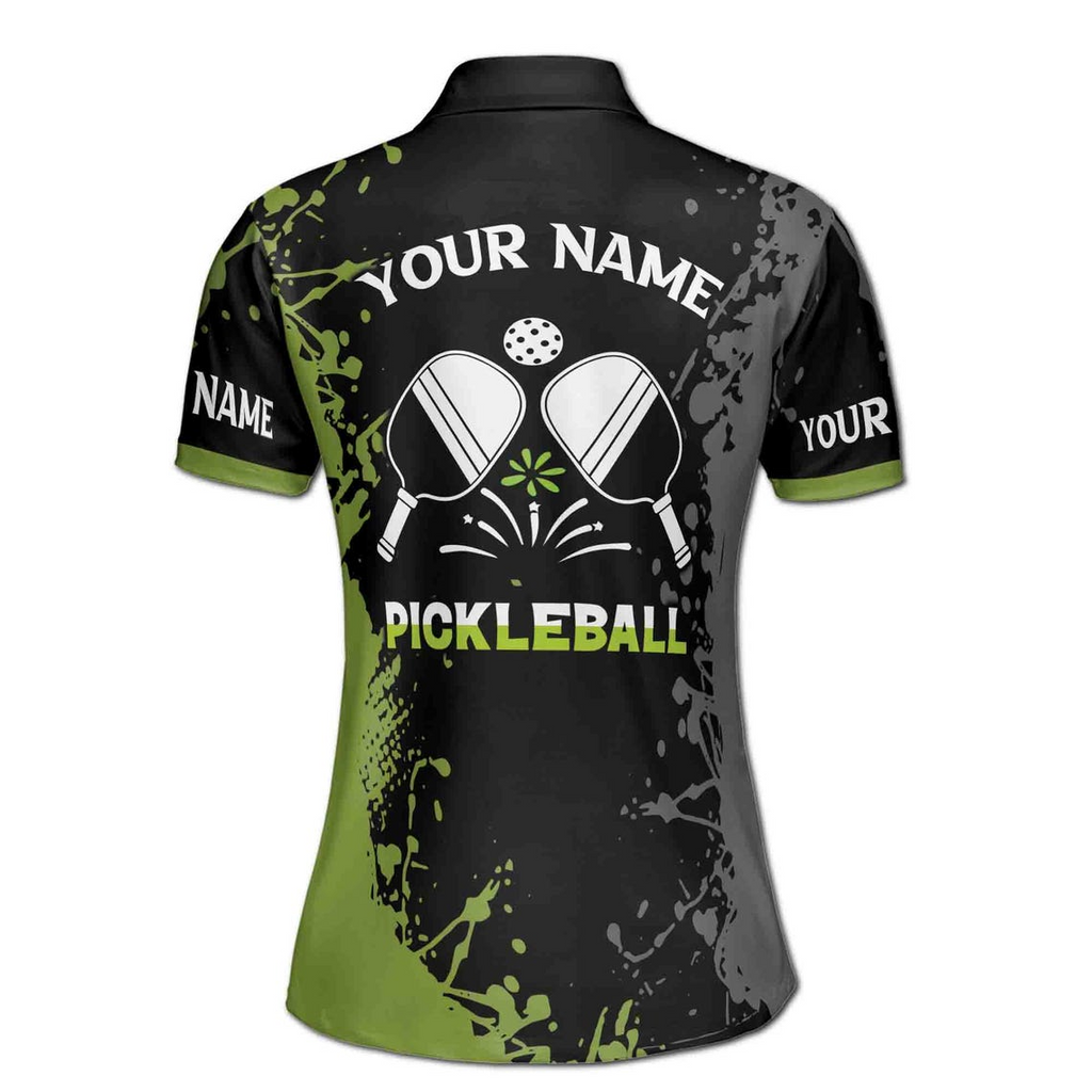 Personalized Name Team Lime Black Spatter Pickleball Women's Polo Shirt (S-5XL)