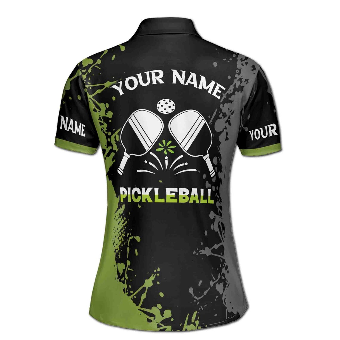 Personalized Name Team Lime Black Spatter Pickleball Women's Polo Shirt (S-5XL)