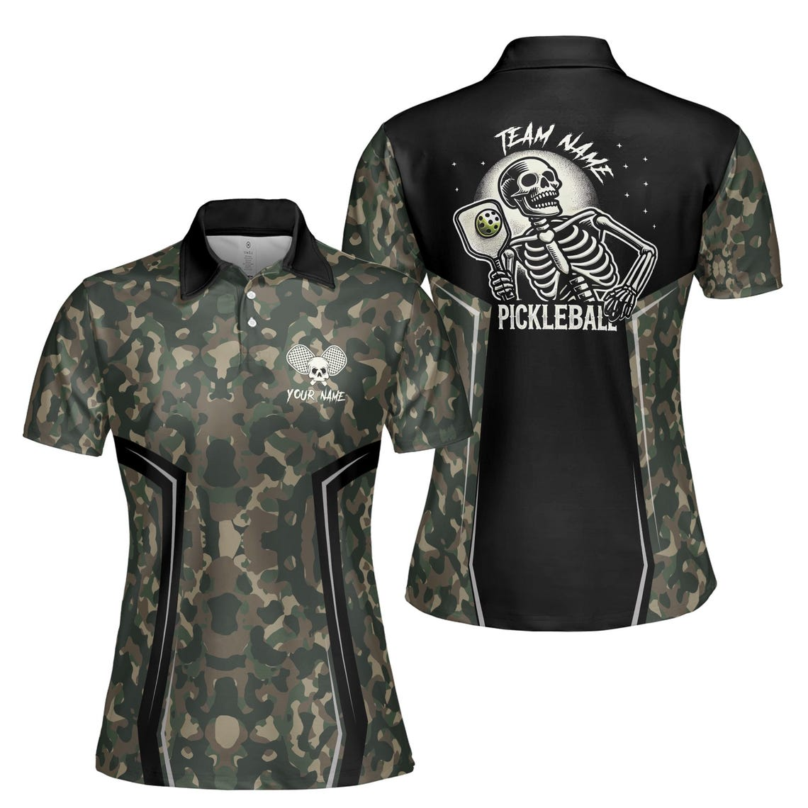 Personalized Name Camo Pattern Skull Plays Pickleball Women's Polo Shirt (S-5XL)