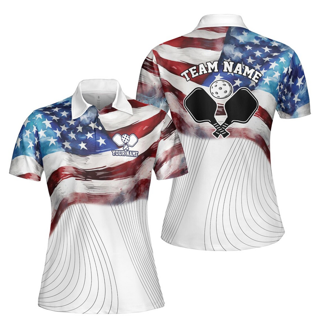 Personalized Name American Flag Patrotic Pickleball Women's Polo Shirt (S-5XL)