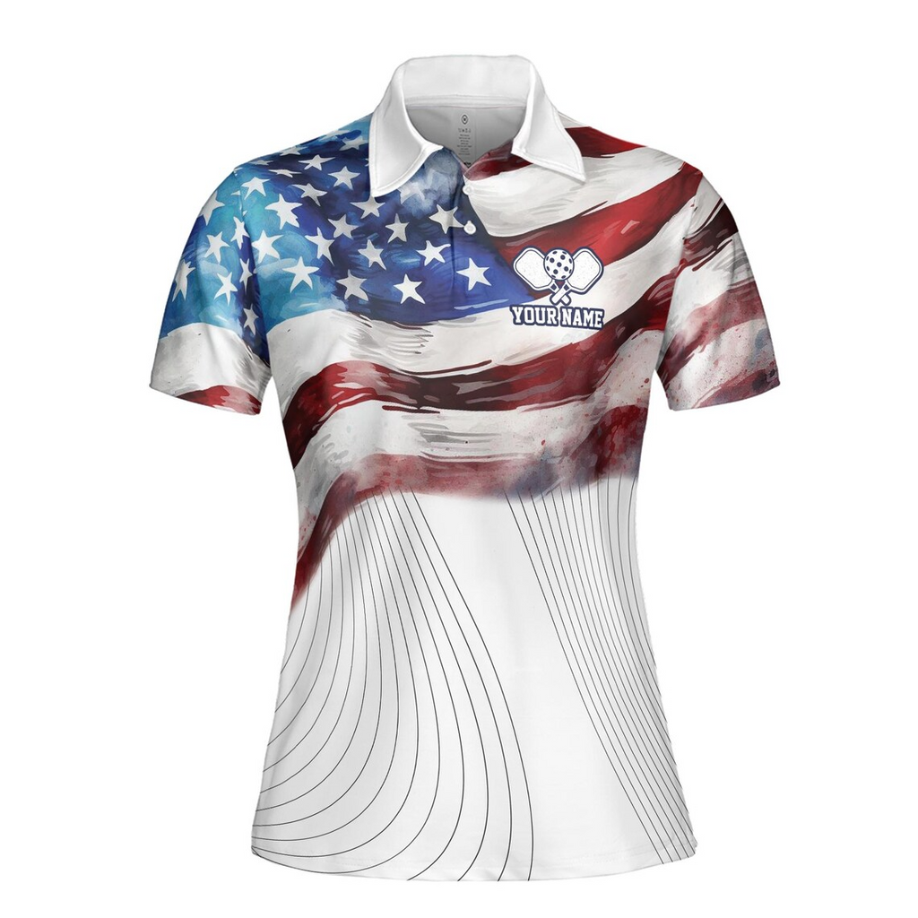 Personalized Name American Flag Patrotic Pickleball Women's Polo Shirt (S-5XL)