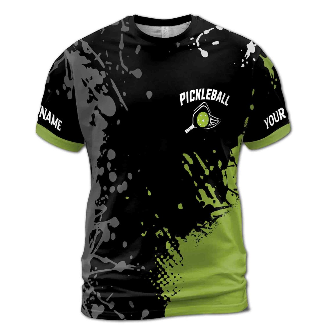 Personalized Name Team Lime Black Spatter Pickleball Men's 3D T-shirt S-5XL