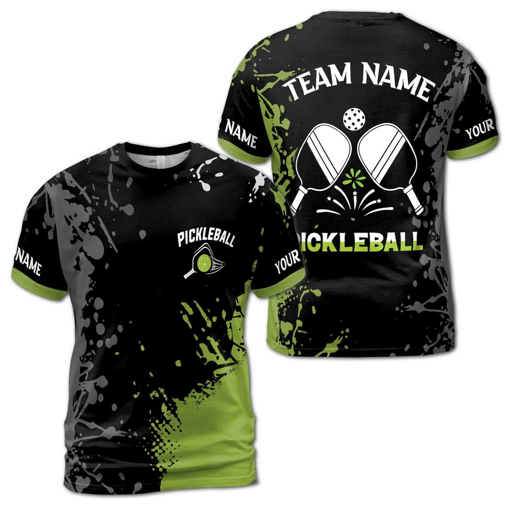Personalized Name Team Lime Black Spatter Pickleball Men's 3D T-shirt S-5XL