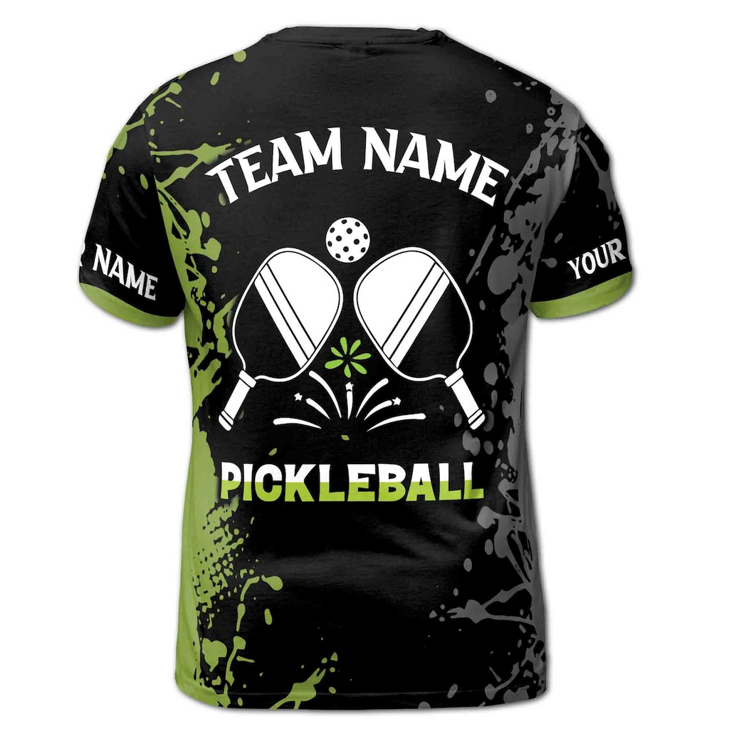 Personalized Name Team Lime Black Spatter Pickleball Men's 3D T-shirt S-5XL