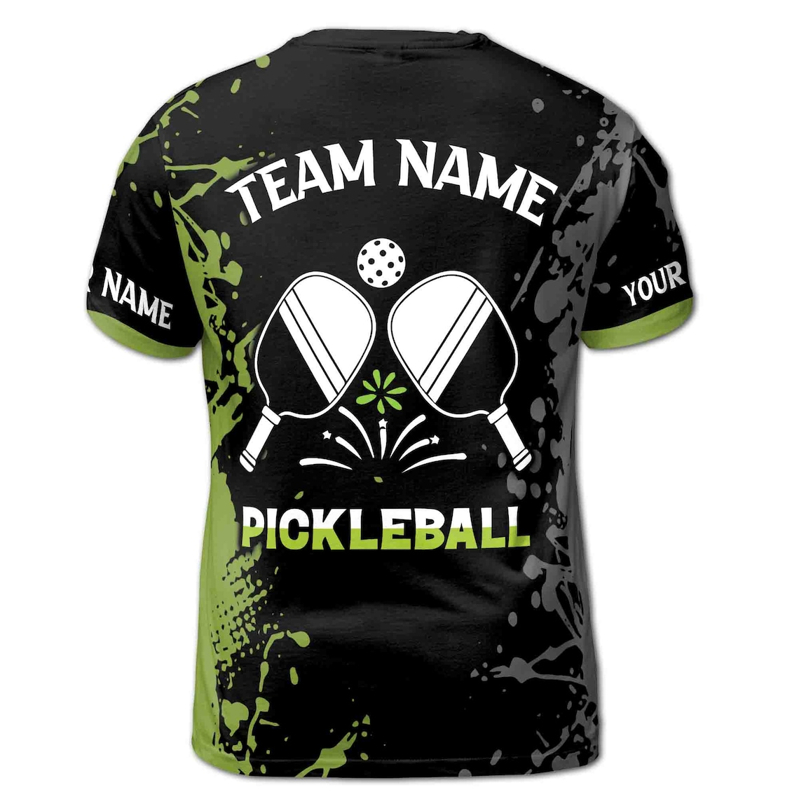Personalized Name Team Lime Black Spatter Pickleball Men's 3D T-shirt S-5XL