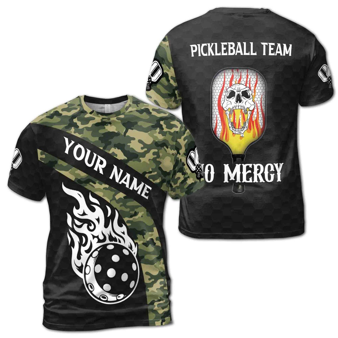 Personalized Name No Mercy Skull Pickleball Camo Pattern 3D T-Shirt S-5XL
