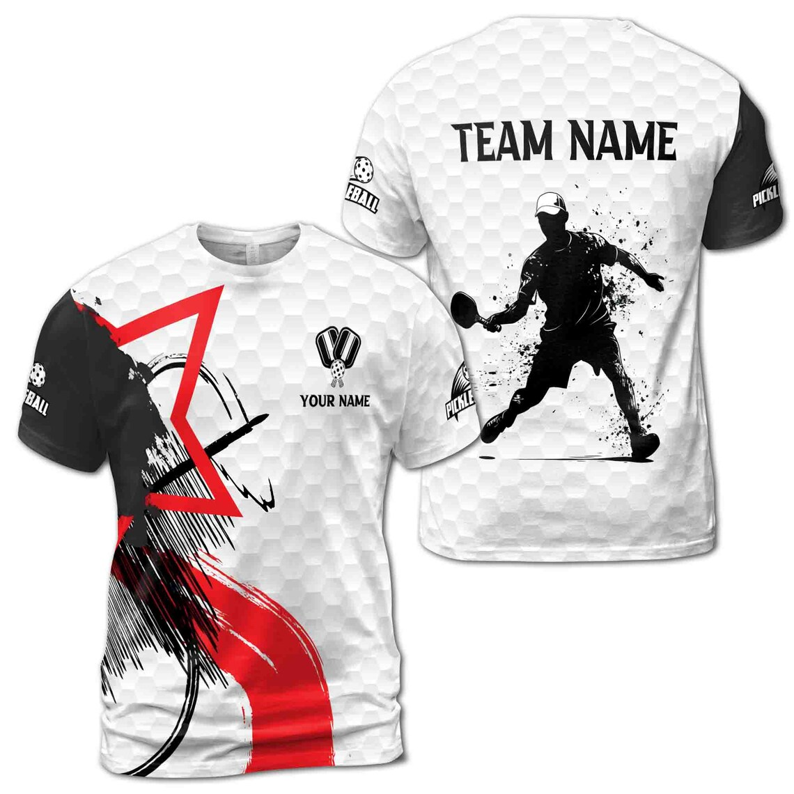 Personalized Name Team Silhouette Plays Pickleball Men's 3D T-Shirt S-5XL