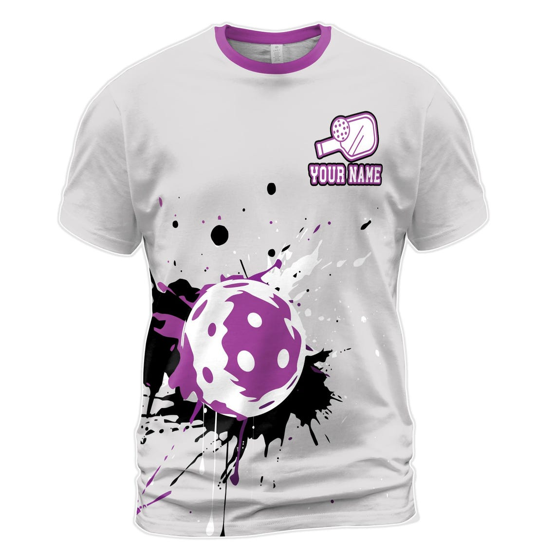 Customized Name Purple Grey Spatter Color Pickleball Men's 3D T-Shirt S-5XL