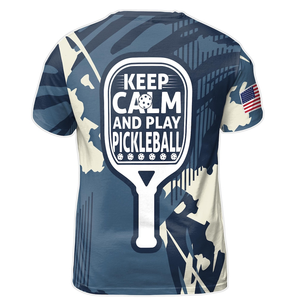 Custom Name America Camo Blue Keep Calm And Play Pickleball Men's 3D T-Shirt S-5XL