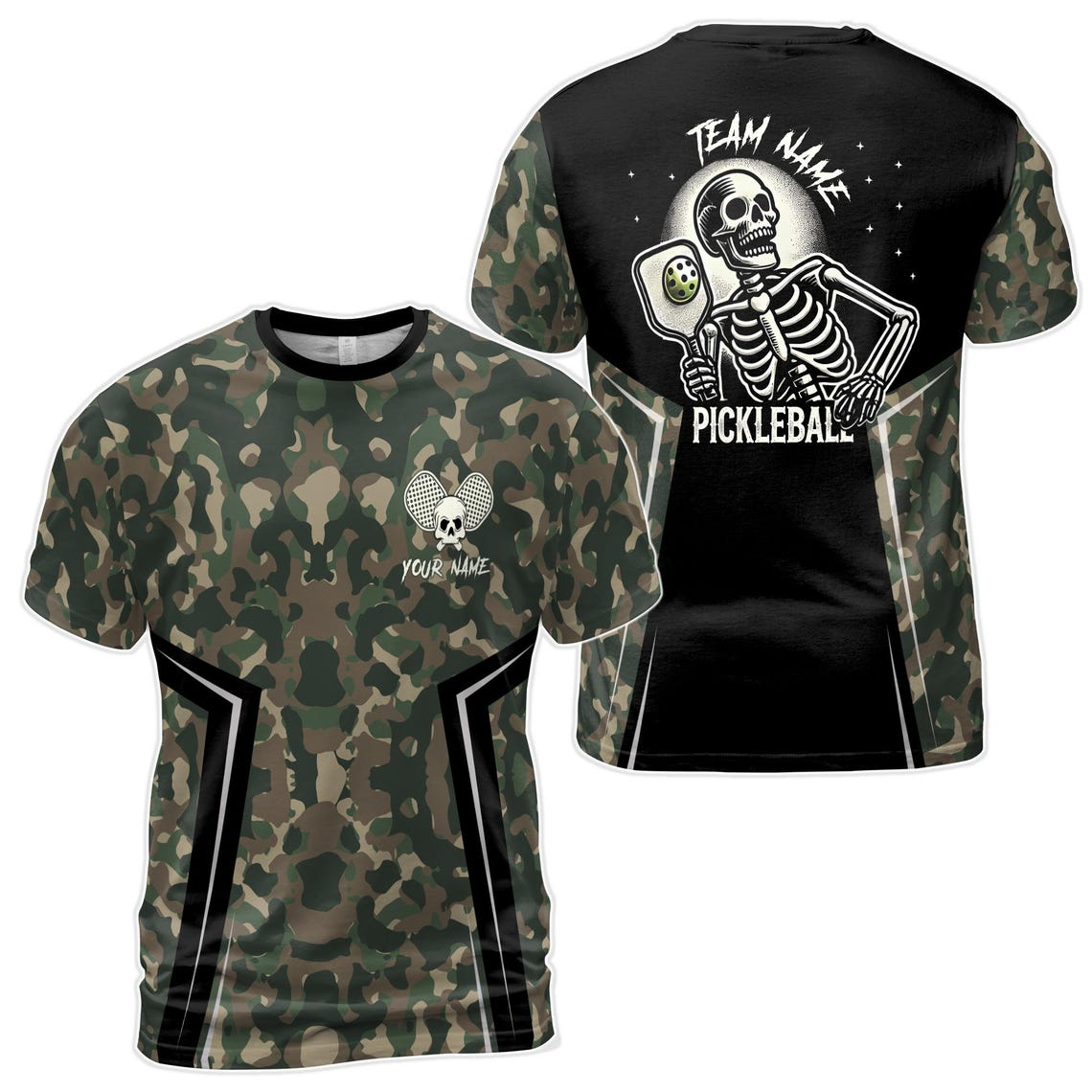 Personalized Name Camo Pattern Skull Plays Pickleball Men's 3D T-Shirt S-5XL