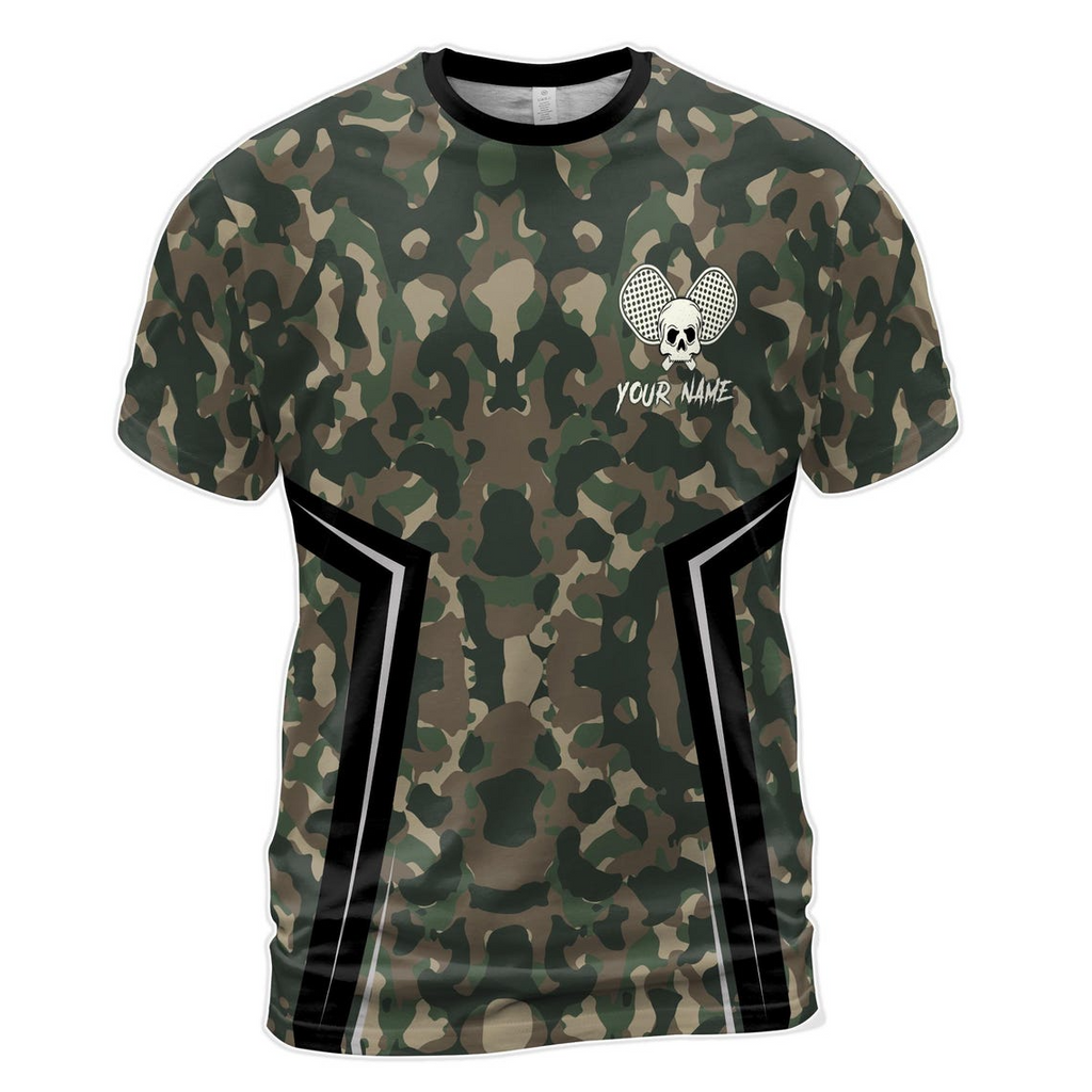 Personalized Name Camo Pattern Skull Plays Pickleball Men's 3D T-Shirt S-5XL
