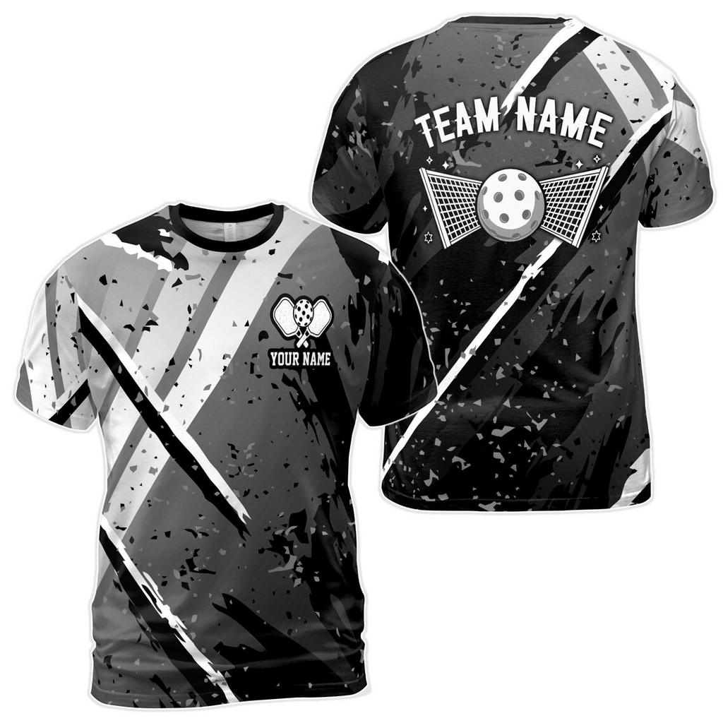 Customized Name Grey Spatter Pickleball Team Play Men's 3D T-Shirt S-5XL