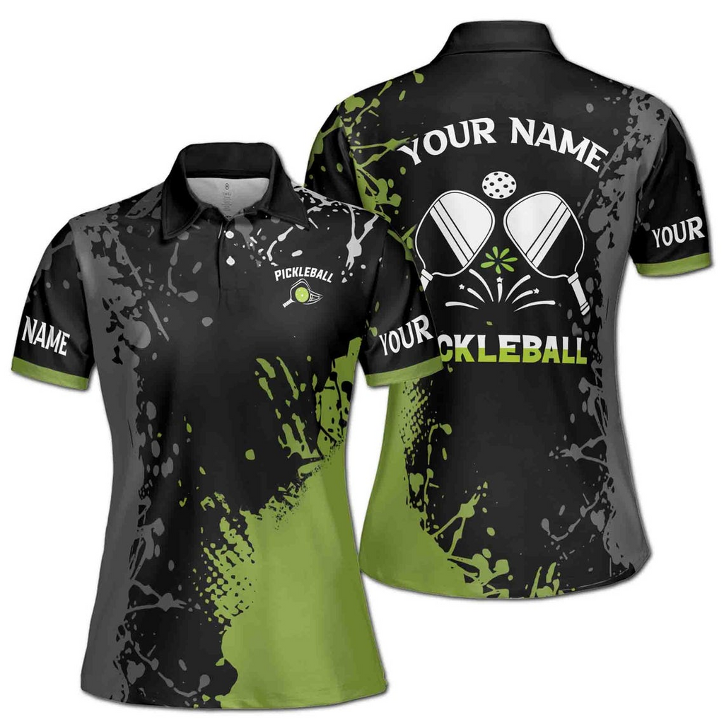 Personalized Name Team Lime Black Spatter Pickleball Women's Polo Shirt (S-5XL)