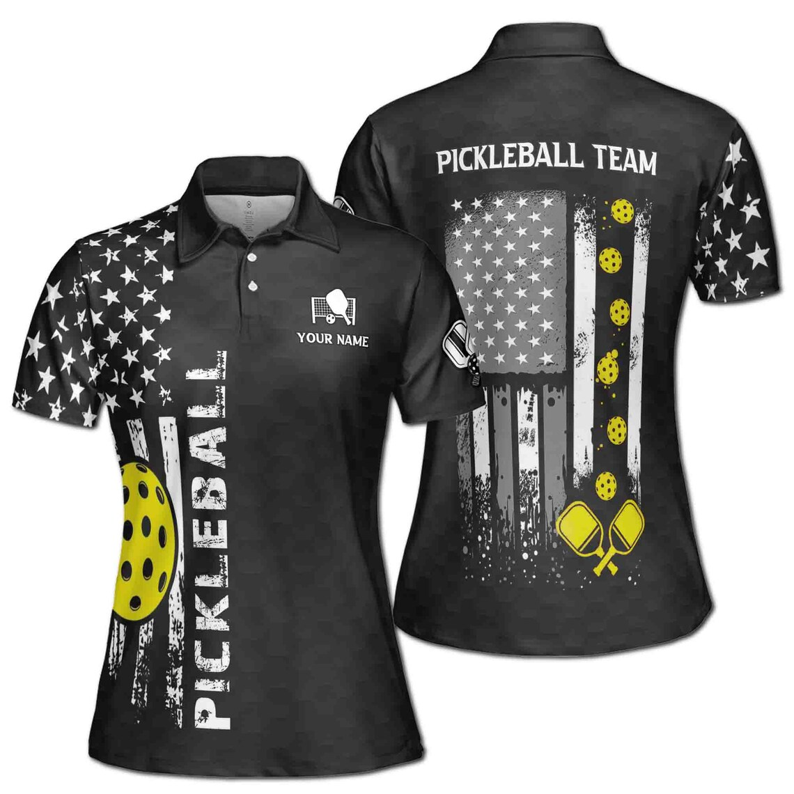 Customized Name Monochrome American Flag Pickleball Women's Polo Shirt (S-5XL)