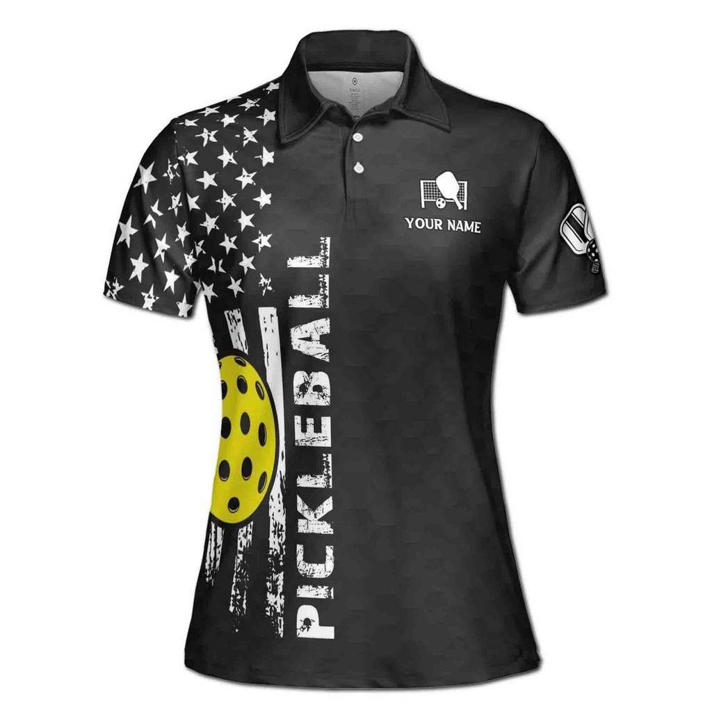 Customized Name Monochrome American Flag Pickleball Women's Polo Shirt (S-5XL)