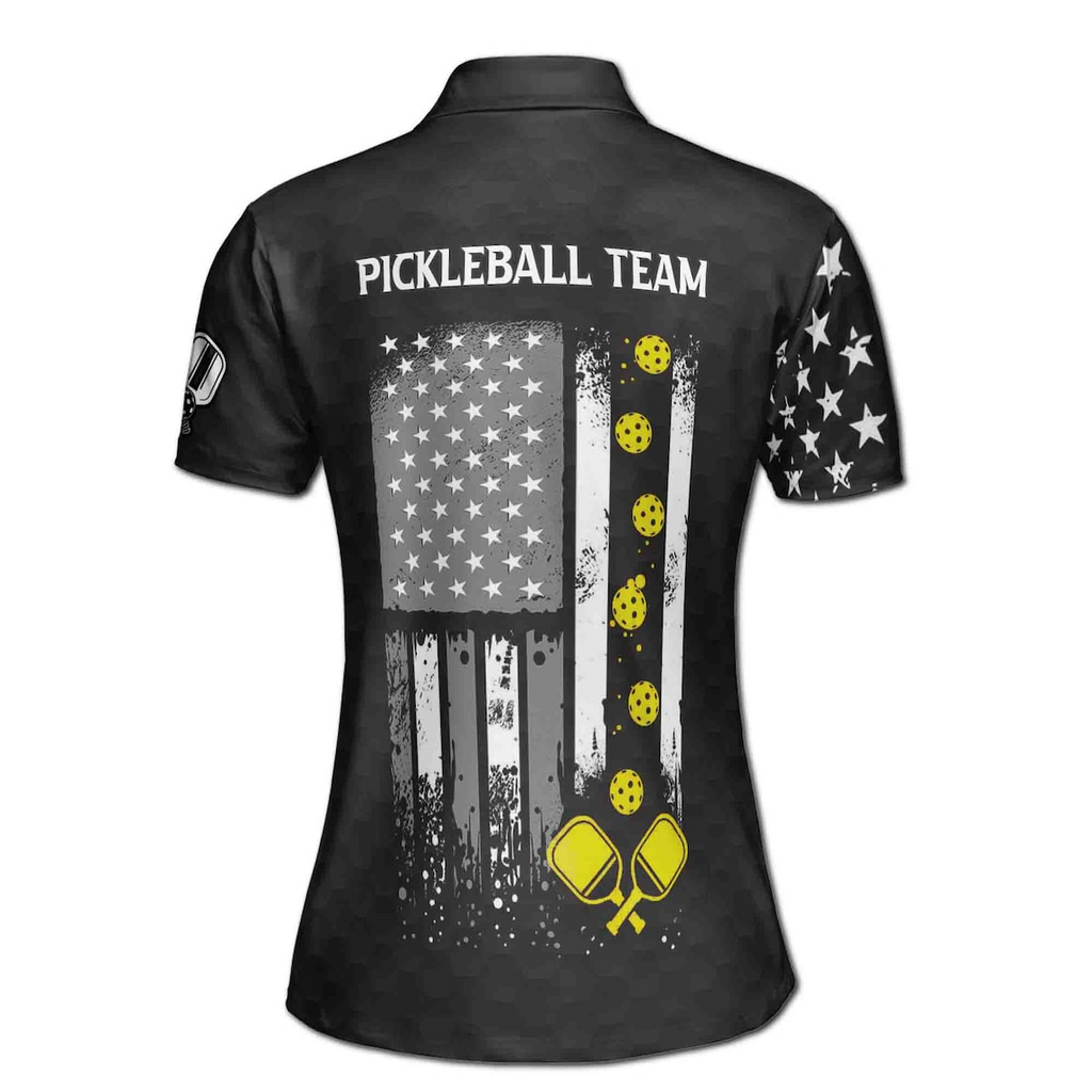 Customized Name Monochrome American Flag Pickleball Women's Polo Shirt (S-5XL)