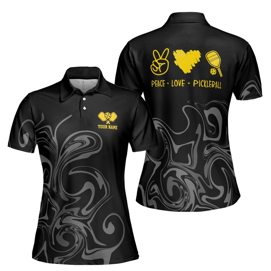 Custom Name Peace Love Pickleball Marble Pattern Women's Polo Shirt (S-5XL)