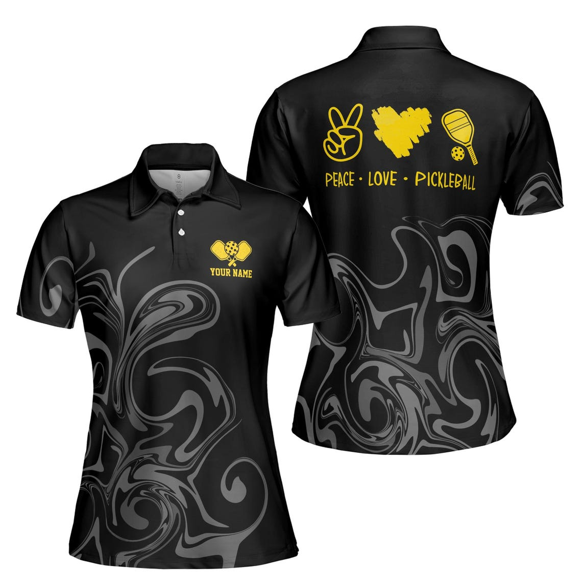Custom Name Peace Love Pickleball Marble Pattern Women's Polo Shirt (S-5XL)