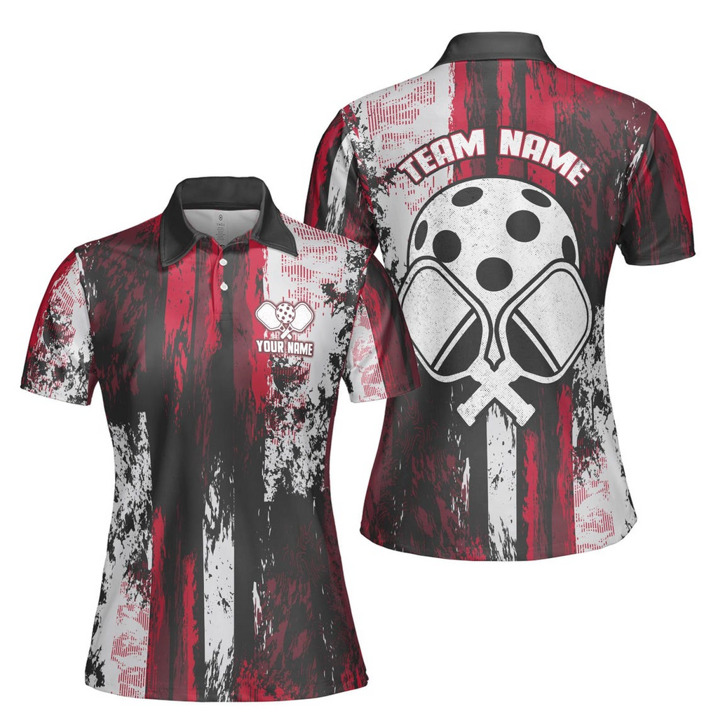 Custom Name Team Name Grunge Art Pickleball Player Women's Polo Shirt (S-5XL)