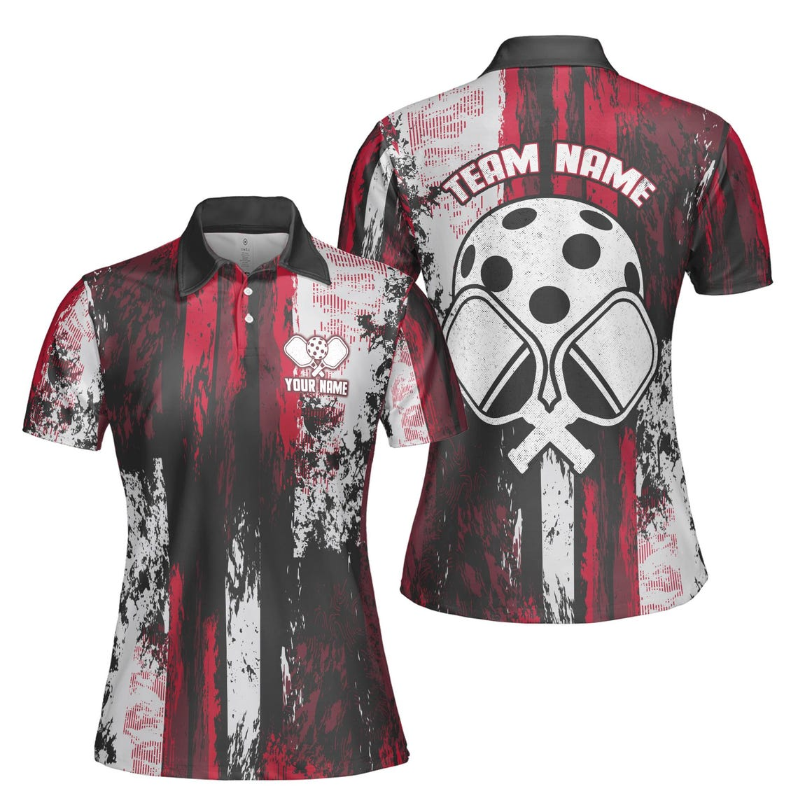 Custom Name Team Name Grunge Art Pickleball Player Women's Polo Shirt (S-5XL)