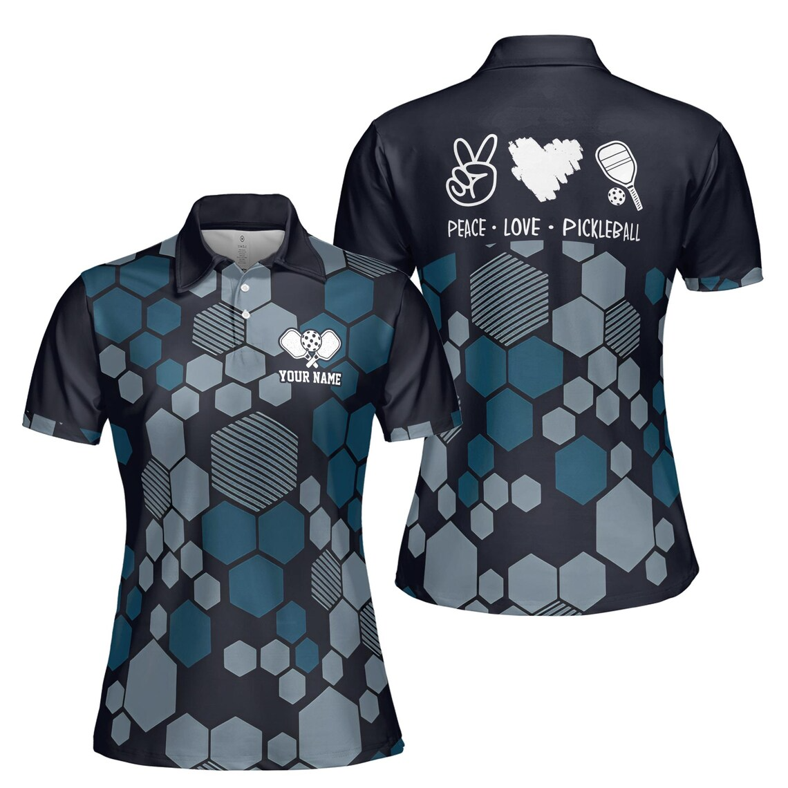 Custom Name Love Peace Pickleball Hexagon Pattern Women's Polo Shirt (S-5XL)