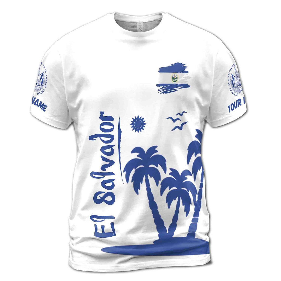 Custom Name El Salvador Palm Island Coat Of Arms Men's 3D T-shirt S-5XL