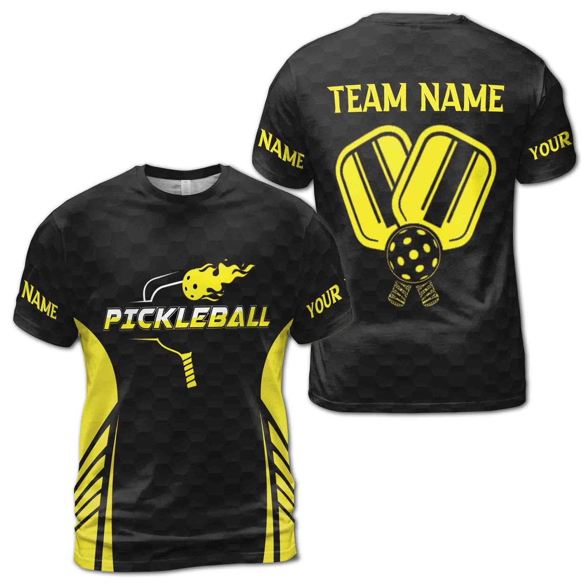 Custom Name Pickleball Team Name Fireball Black Men's 3D T-shirt S-5XL