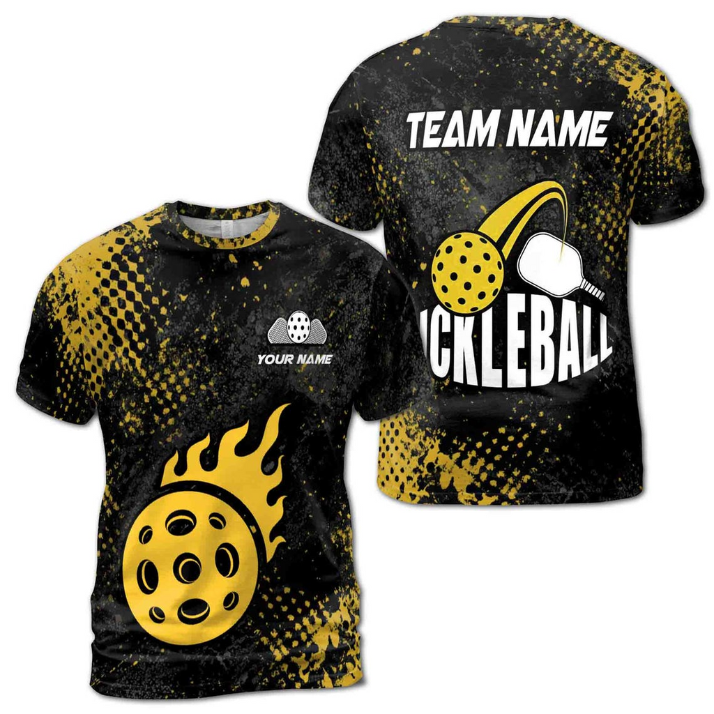 Custom Name Pickleball Team Black Yellow Fireball Dots Men's 3D T-shirt S-5XL