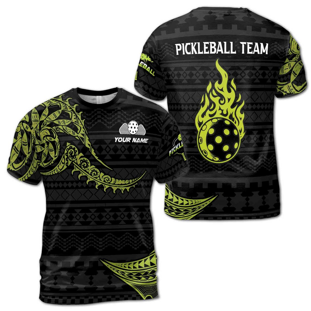 Custom Name Pickleball Team Tribal Tattoo Fire Ball Men's 3D T-shirt S-5XL