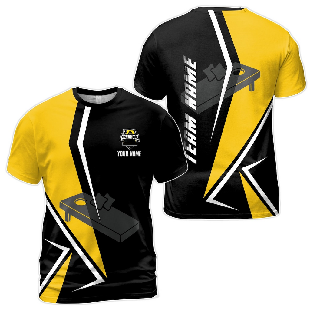 Funny Custom Name Cornhole Team Black and Gold Men's 3D T-shirt S-5XL