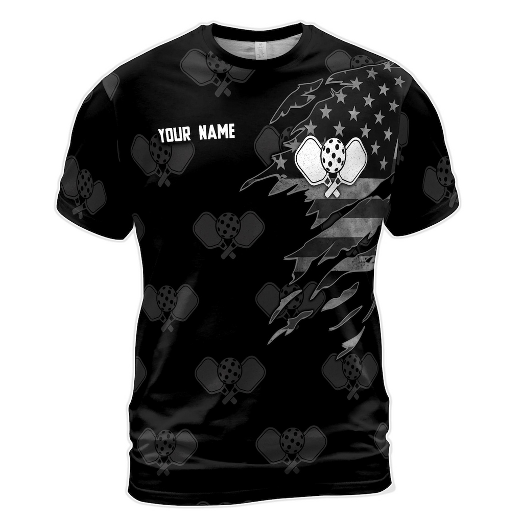 Customized Pickleball Paddle American Flag Team Black Ball Men's 3D T-shirt S-5XL