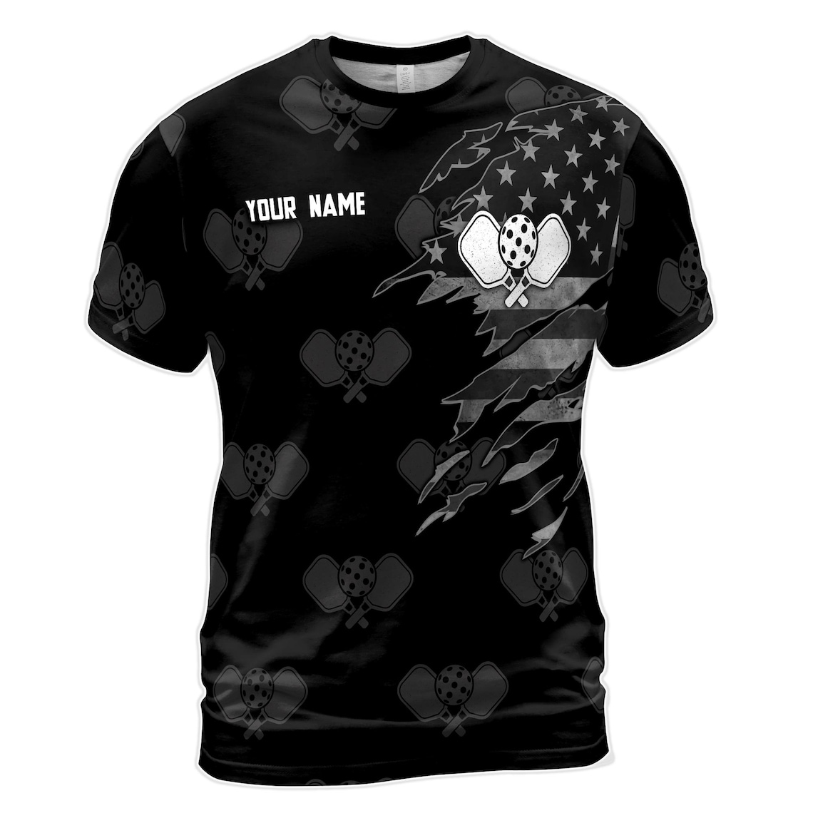 Customized Pickleball Paddle American Flag Team Black Ball Men's 3D T-shirt S-5XL