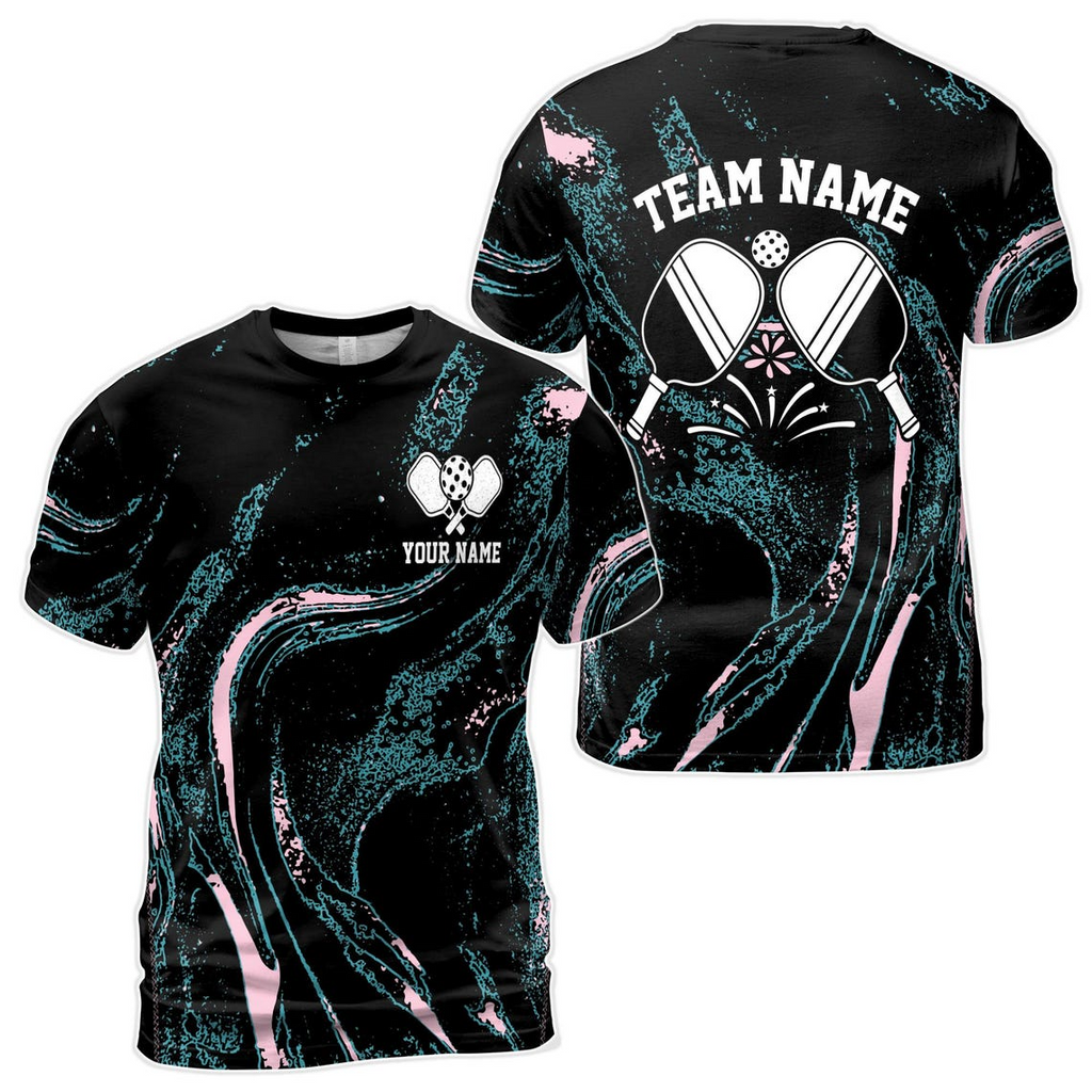 Custom Name Pickleball 3D Marble Wave Pattern Black Men's 3D T-shirt S-5XL