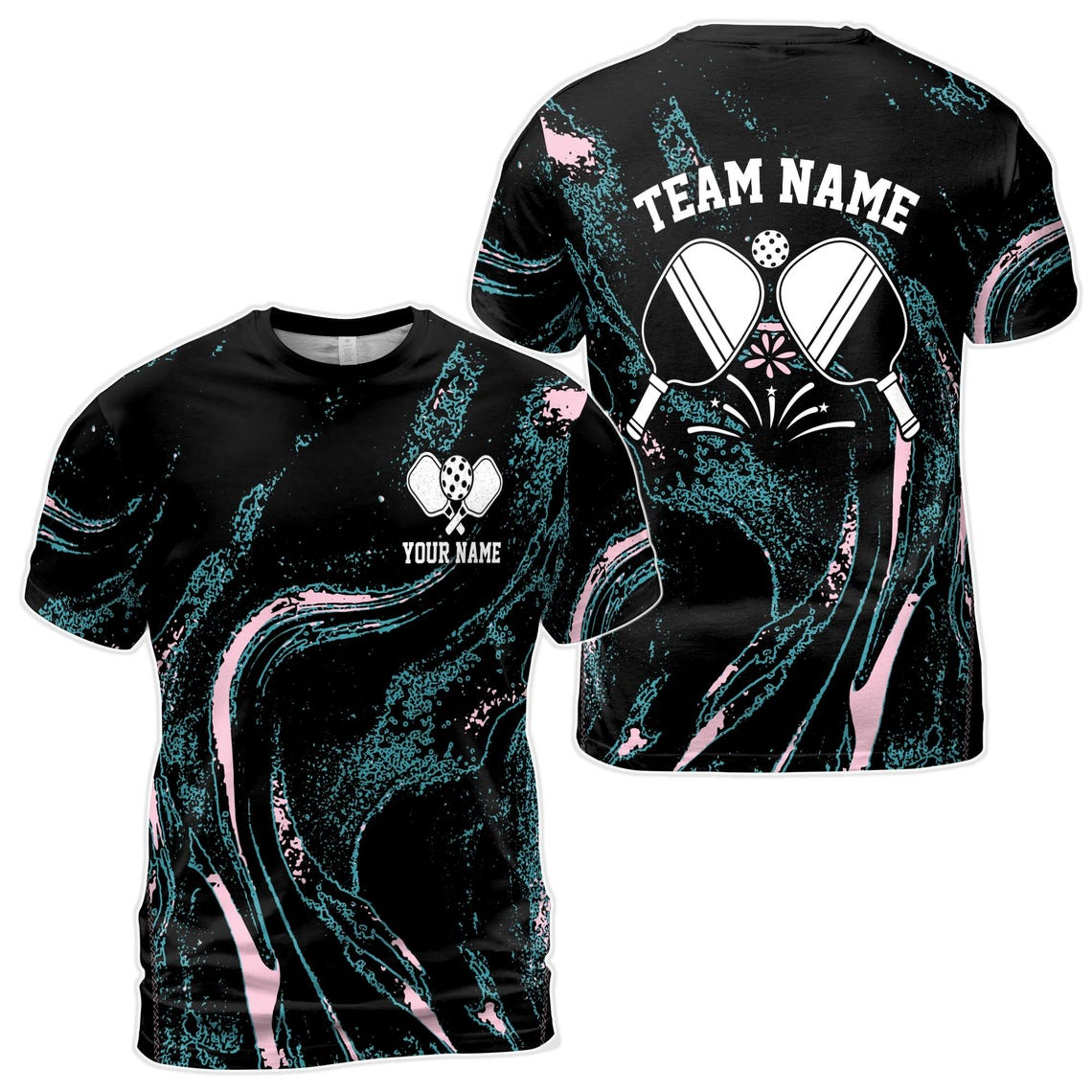 Custom Name Pickleball 3D Marble Wave Pattern Black Men's 3D T-shirt S-5XL