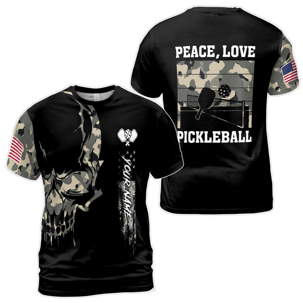 Custom Name Pickleball Amercan Flag Skull Camo Peace Love Men's 3D T-shirt S-5XL