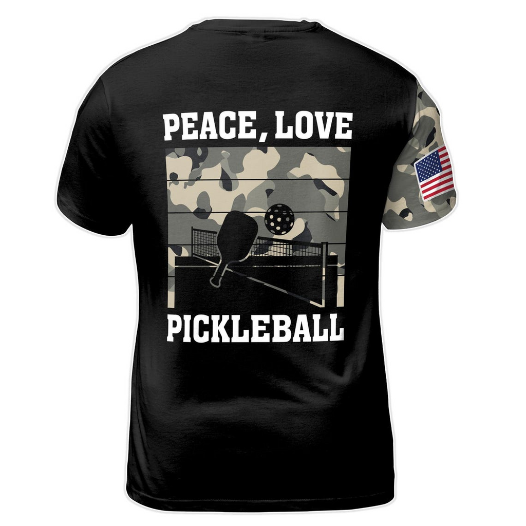Custom Name Pickleball Amercan Flag Skull Camo Peace Love Men's 3D T-shirt S-5XL