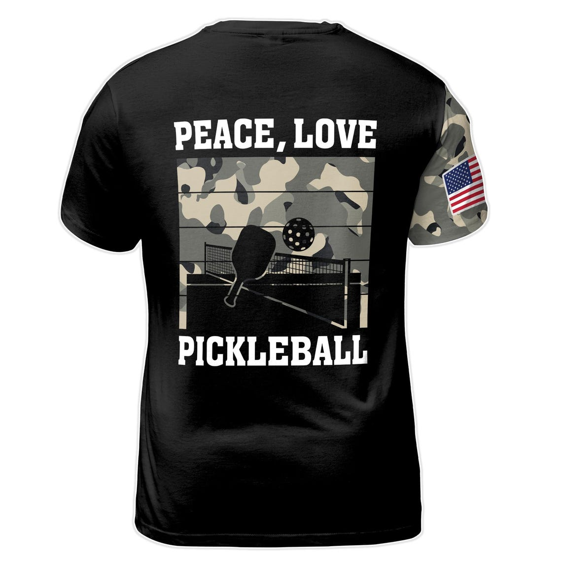 Custom Name Pickleball Amercan Flag Skull Camo Peace Love Men's 3D T-shirt S-5XL