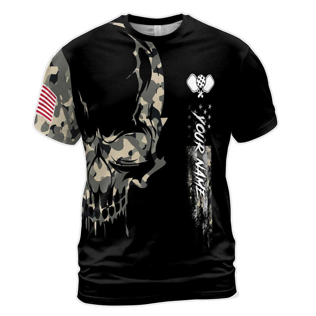 Custom Name Pickleball Amercan Flag Skull Camo Peace Love Men's 3D T-shirt S-5XL