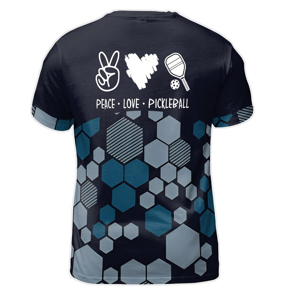 Custom Name Pickleball Team Hexagon Pattern Peace Love Black Men's 3D T-shirt S-5XL