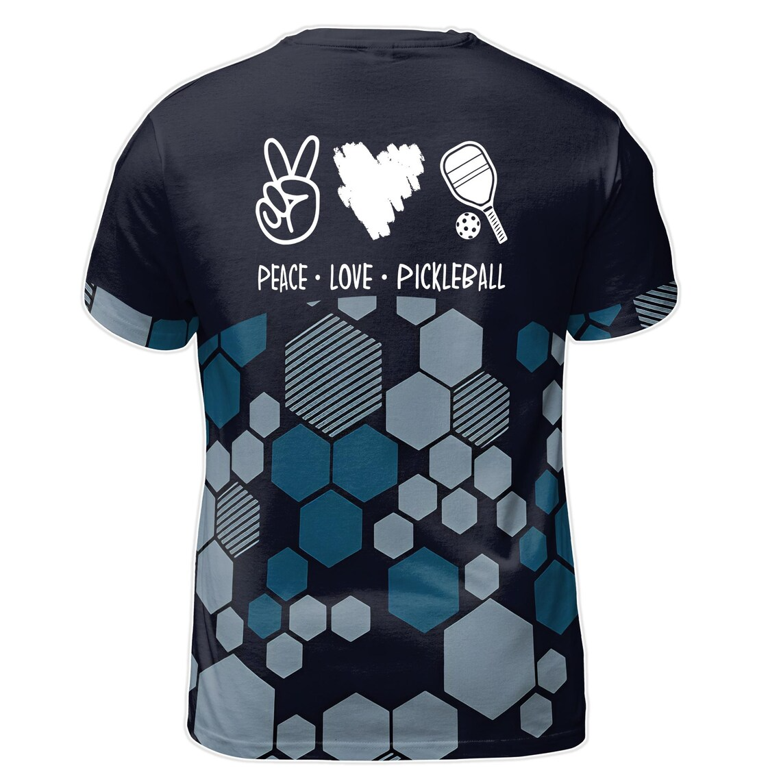 Custom Name Pickleball Team Hexagon Pattern Peace Love Black Men's 3D T-shirt S-5XL