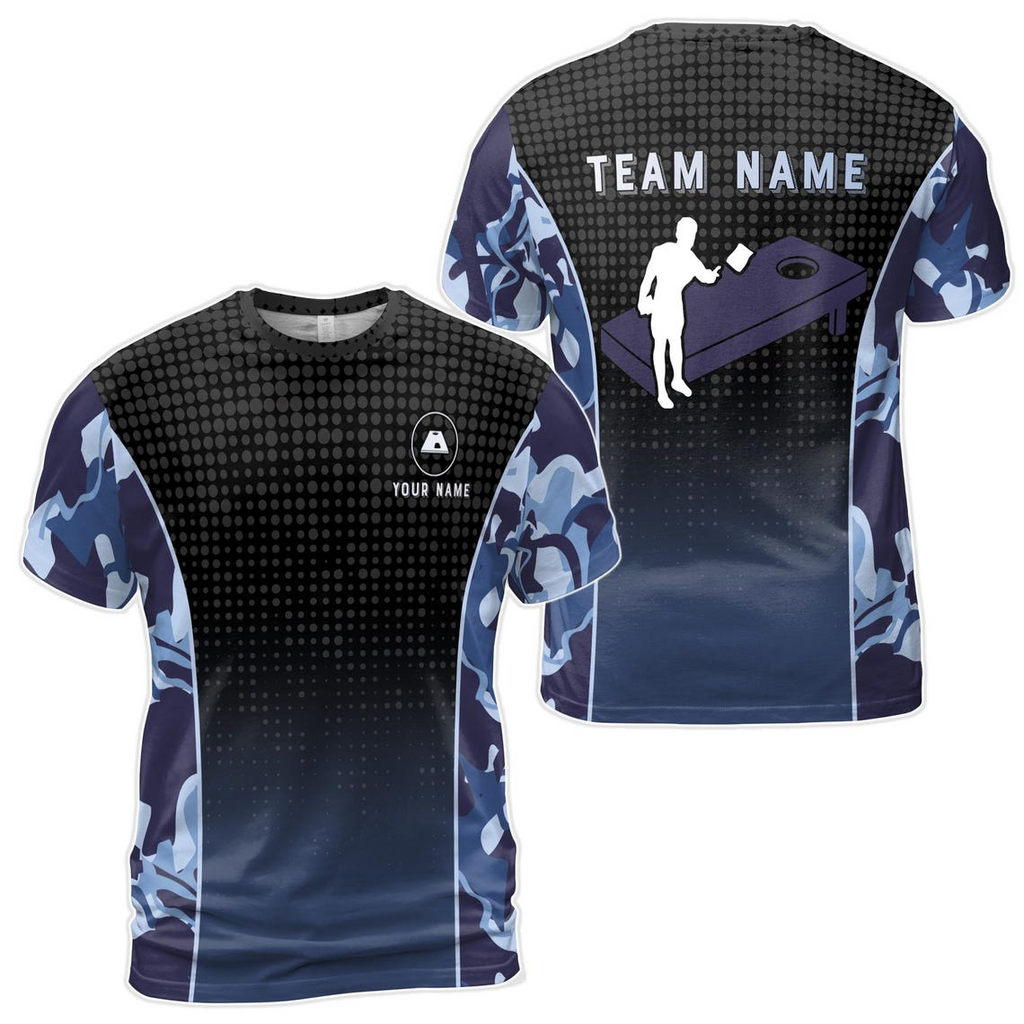 Custom Name Cornhole Team Name Camo Blue Men's 3D T-shirt S-5XL
