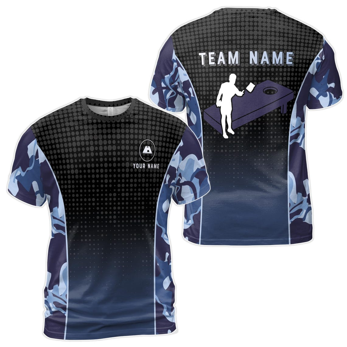 Custom Name Cornhole Team Name Camo Blue Men's 3D T-shirt S-5XL