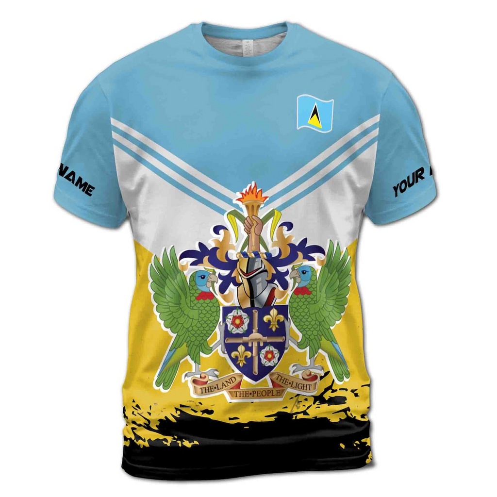 Custom Name Saint Lucia Coat of Arms Emblem Flag Blue Gold Men's 3D T-shirt S-5XL