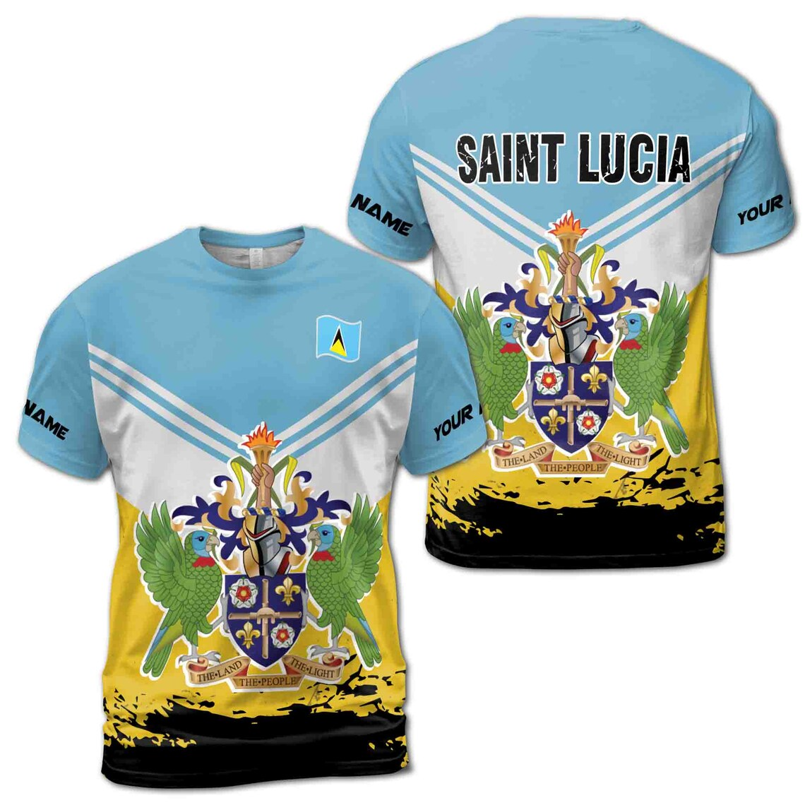 Custom Name Saint Lucia Coat of Arms Emblem Flag Blue Gold Men's 3D T-shirt S-5XL