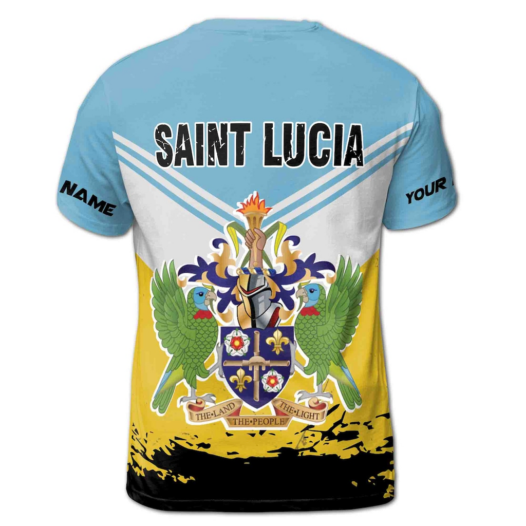 Custom Name Saint Lucia Coat of Arms Emblem Flag Blue Gold Men's 3D T-shirt S-5XL