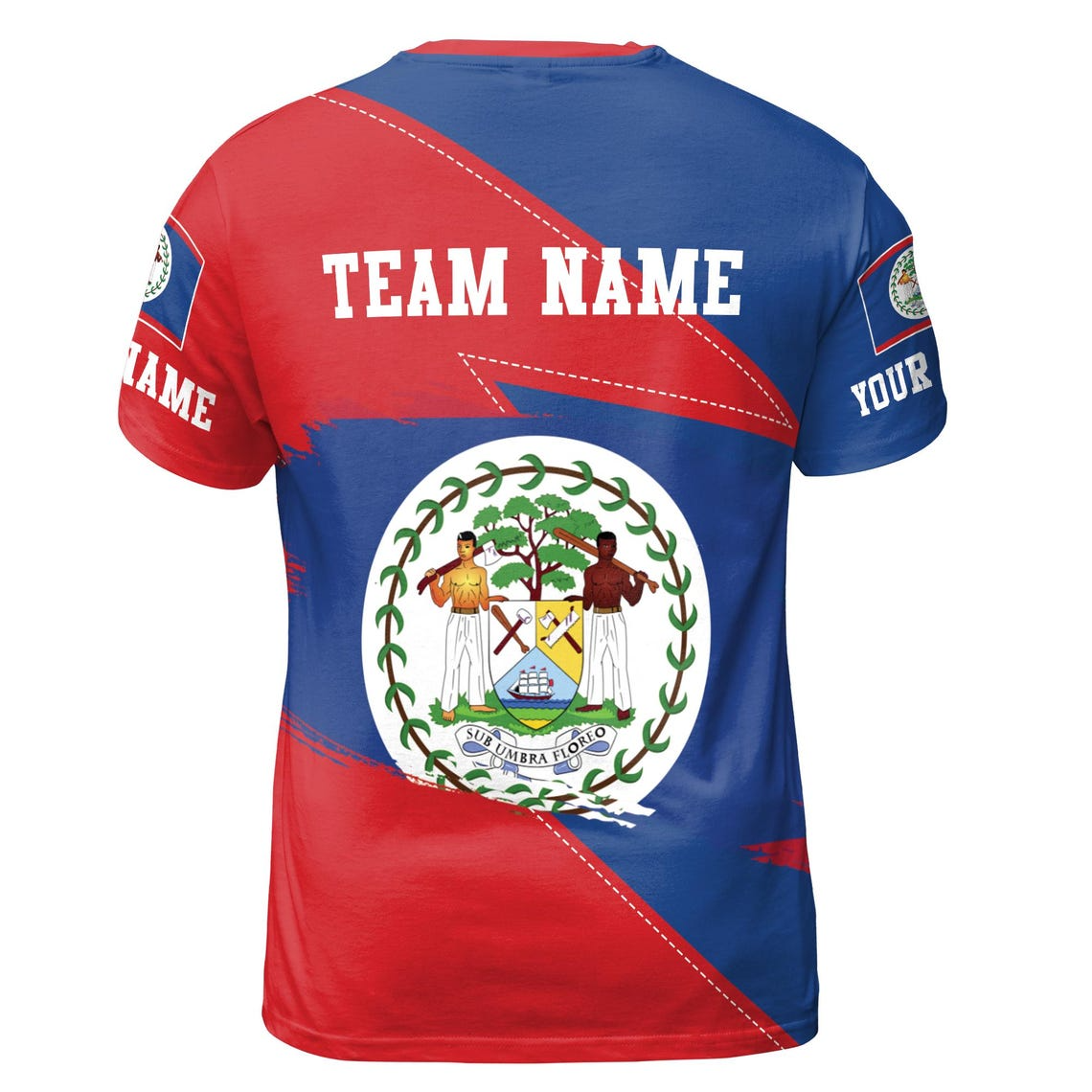 Custom Name Belize Flag Coat Of Arms Patriotic Blue Red 3D T-shirt S-5XL