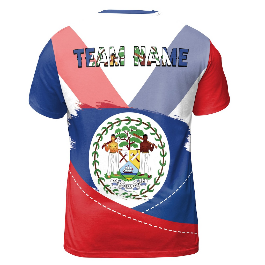 Custom Name Belize Flag Coat Of Arms Red White Blue Patriotic 3D T-shirt (S-5XL)