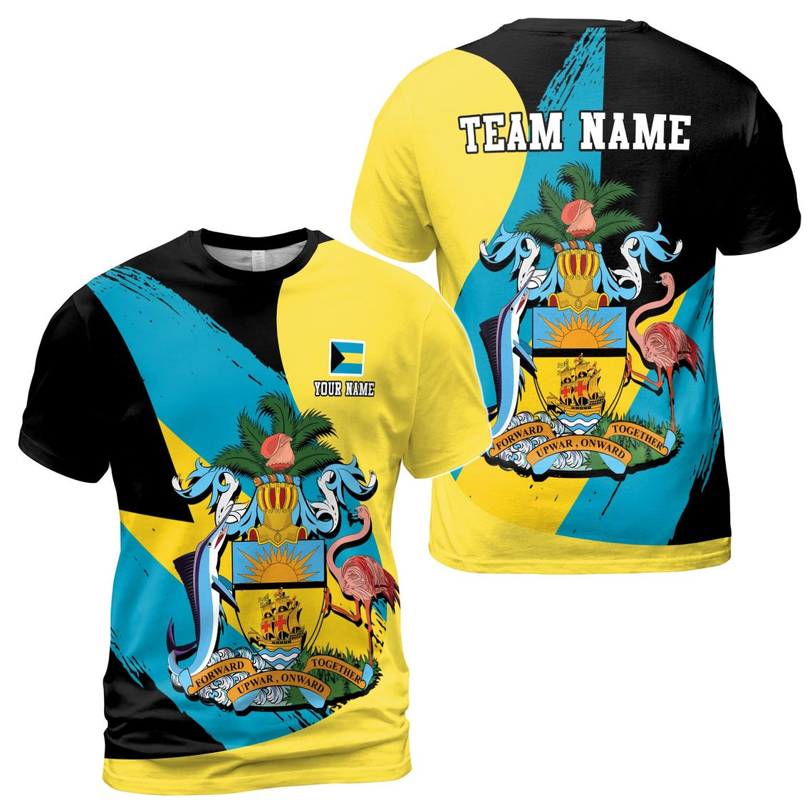Custom Name Belize Flag Coat Of Arms Patriotic Yellow Black Blue 3D T-shirt S-5XL