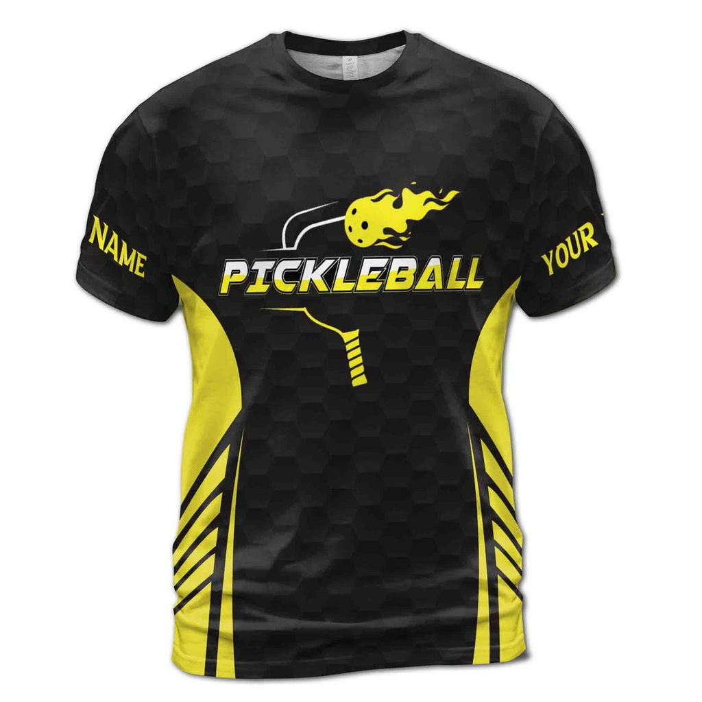Custom Name Pickleball Team Name Fireball Black Men's 3D T-shirt S-5XL